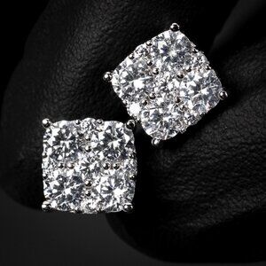 White Gold Plated Sterling Silver Square Flower Cluster Stud Screw Back Earrings